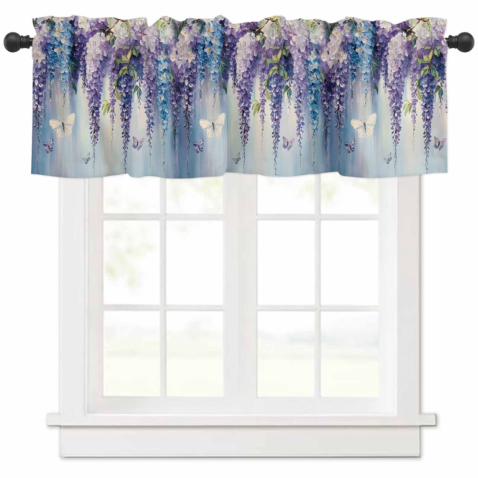Purple Blue Botanical Valances for Windows Farmhouse Kitchen Curtains ...
