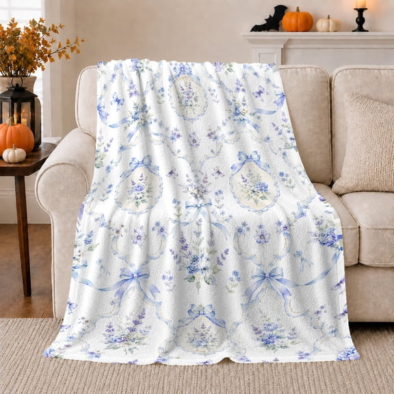 Purple Blue Bouquets Ribbon Bows Calm Autumn Lace Style Floral Pattern Flannel Blanket For Flower Lovers, Cozy White Home Decor For Living Room Bedroom Halloween Gift