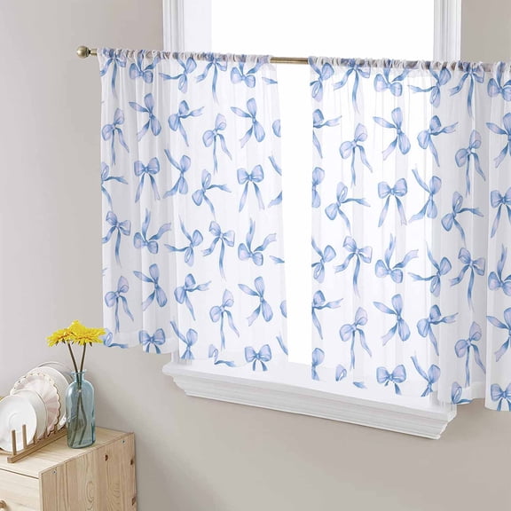 Purple Blue Bow Ribbon Semi Sheer Curtains 45 Inch Length 2 Panels Set, Vintage Modern Art Bowknot Sheer Kitchen Curtain Privacy Voile Window Curtain for Living Room Bedroom Rod Pocket Drapes