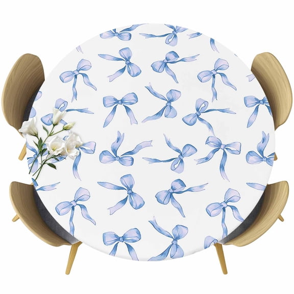 Purple Blue Bow Ribbon Table Cloth, Round Fitted Tablecloths with Elastic Edge, Vintage Modern Art Bowknot Wipeable Waterproof Table Cover for Kitchen Wedding 36-44 Inches