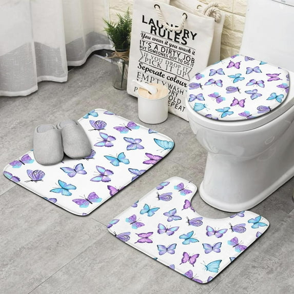 Purple Blue Butterfly Pattern Bathroom Rugs Sets 3 Piece,Toilet Cover Set,Absorbent Non Slip Bathroom Mats Sets with U-Shaped Contour Rug Toilet Rug Set