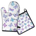 thumbnail image 1 of Purple Blue Butterfly Pattern Kitchen Oven Mitt and Pot Holder Sets 2 Pcs for Baking, Cooking and Grilling, Heat Resistant Up To 392 °F, 1 of 7