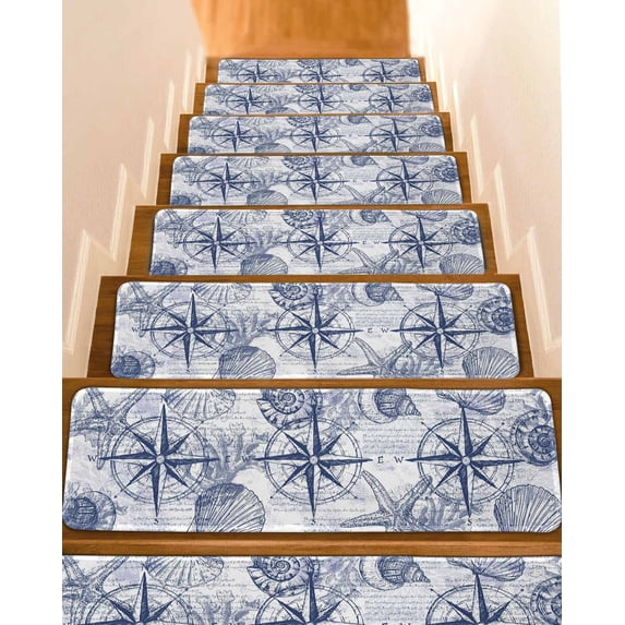 Purple Blue Compass Stair Treads Non Slip Indoor for Wooden Steps, Vintage Nautical Summer Ocean Shell 4 Pcs Stair Mats for Elders Dogs, 8 x 30 Inch Carpet Treads Runner Rugs for Staircase