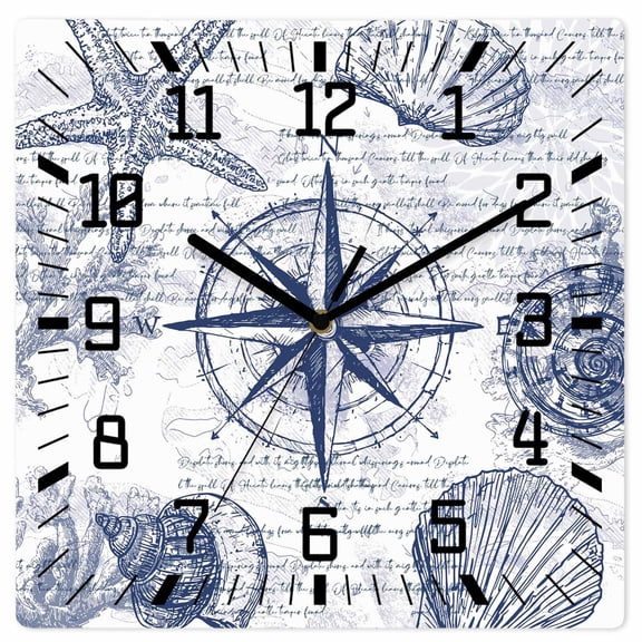Purple Blue Compass Wooden Wall Clock Silent Non Ticking, Vintage Nautical Summer Ocean Shell Square Wall Clocks Battery Operated, Decor Clock for Home Office, Living Room, Kitchen, 10 Inch