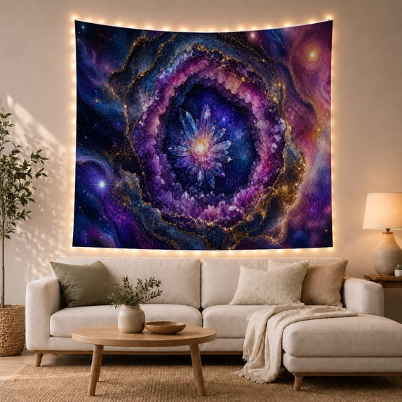 Purple and Blue Crystal Geode in a Starry Galaxy, Mystical Fantasy for Crystal Lovers, Mineral Decor, Housewarming Gift, Tapestry Wall Hanging for Bedroom and Studio
