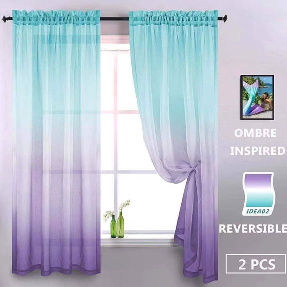 Purple and Blue Curtains for Bedroom Decor Set of 2 Single Panel Pocket Window Voile Pastel Sheer Ombre Rainbow Curtain for Room Decoration Teen Princess