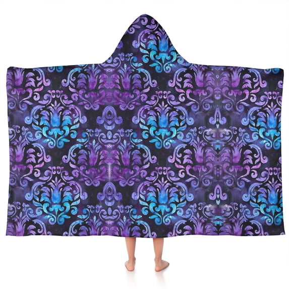 Purple and Blue Damask Pattern Hooded Bath Towel,50"x30" for Ages 3 To 12 Kids, Quick Dry Lightweight Soft Microfiber Hood Beach Towel Cover Up for Kids