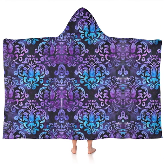 Purple and Blue Damask Pattern Hooded Bath Towel,60"x35" for Ages 3 To 12 Kids, Quick Dry Lightweight Soft Microfiber Hood Beach Towel Cover Up for Kids