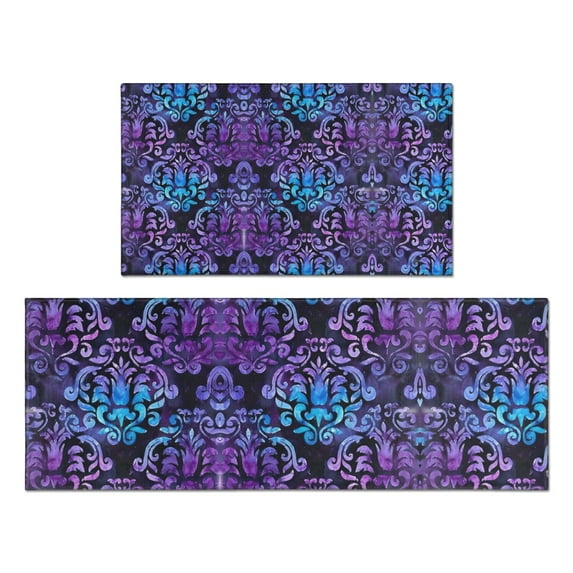Purple and Blue Damask Pattern Kitchen Rugs Sets Of 2,Anti Fatigue Kitchen Mat Rugs Non Slip Washable,Decorative Kitchen Floor Mats for Kitchen,Sink,Laundry,17"x30"+17"x47"