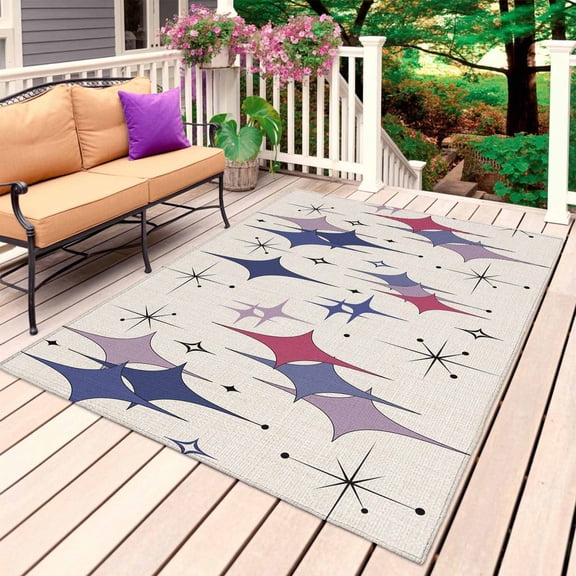 Purple Blue Diamond Outdoor Rug 6x9 Ft, Non Slip Washable Area Rug, Modern Geometric Middle Century Beige Patio Rugs Carpet Runner, Large Floor Mat for Indoor/Outdoor Deck Porch Camping