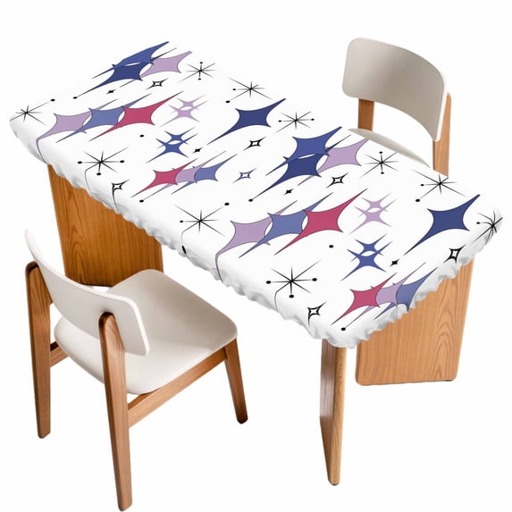 Purple Blue Diamond Table Cloths for 4 Foot Rectangle Tables, Modern Geometric Middle Century Patio Waterproof Elastic Fitted Tablecloths, Washable Rectangular Table Cover for Camping