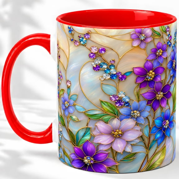 Purple Blue Floral Accent Mug, 11oz Ceramic Coffee Cup for Flower Fans