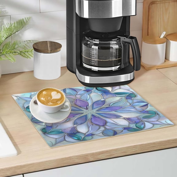 Purple Blue Floral Stained Glass Dish Drying Mat 12"x18" Kitchen Counter Dish Pad Microfiber Absorbent Drainer Rack for Coffee Bar