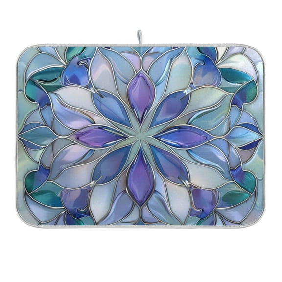 Purple Blue Floral Stained Glass Dish Drying Mat 16x18 Absorbent Microfiber Draining Rack Pad for Kitchen Counter Sink