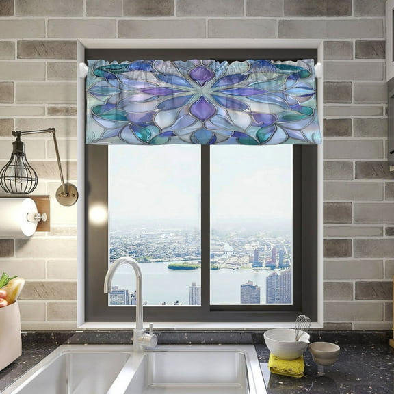 Purple Blue Floral Stained Glass Valance Curtains Rod Pocket for Kitchen Living Room Windows Farmhouse Decor 54x18