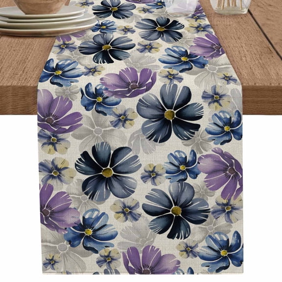 Purple Blue Flower Floral on Vintage Linen Table Runner-36 Inch Long Watercolor Plant Table Runners Linen Burlap Tablerunner for Kitchen Dining Room Holiday Party