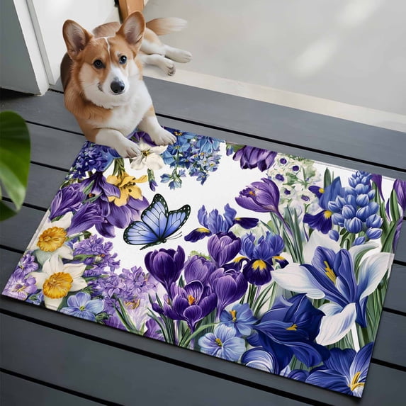 Purple Blue Flower Front Door Rugs 2x3 ft Watercolor Purple Blue Floral Butterfly Small Rug for Entryway Non Slip Washable Bathroom Door Mat Absorbent Floor Mat for Indoor Entrance
