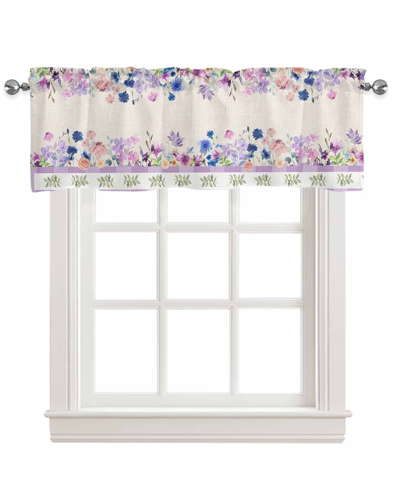 Purple Blue Flowers Linen Curtain Valance for Bedroom/Bathroom/Kitchen/Office/Living/Dining Room Window,Elegant Spring Floral Botanical Rustic Rod Pocket Topper Decorative Cafe Drapes Panel 54"x18"