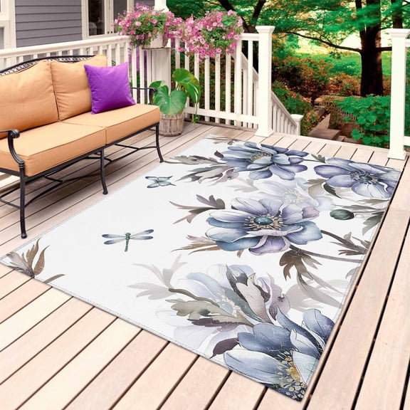 Purple Blue Flowers Outdoor Rug for Patio/Deck/Porch, Non-Slip Large Area Rug 5 x 8 Ft, Watercolor Botanical Floral Butterfly Indoor Outdoor Rugs Washable Area Rugs, Camping Rug Carpet Runner