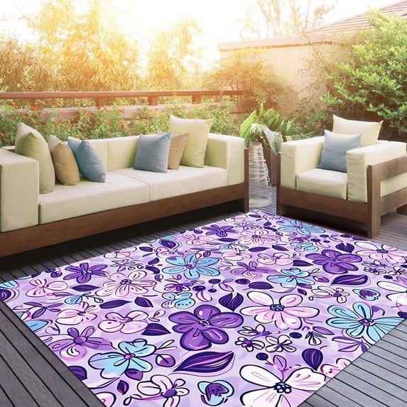 Purple Blue Flowers Print Pattern Area Rug For Deck Porch Patio Garden Machine Washable Non Skid Outdoor Carpet In Balcony Backyard Contemporary Cute Funky Vibrant Floor Rugs 1x2ft