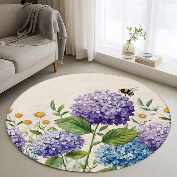 Purple Blue Flowers Round Rug 3ft Washable Circle Entryway Rugs Non Slip Farmhouse Botanical Watercolor Floral Area Rug Indoor Floor Carpet for Bedroom Kitchen Living Room Office Dining Room Nursery