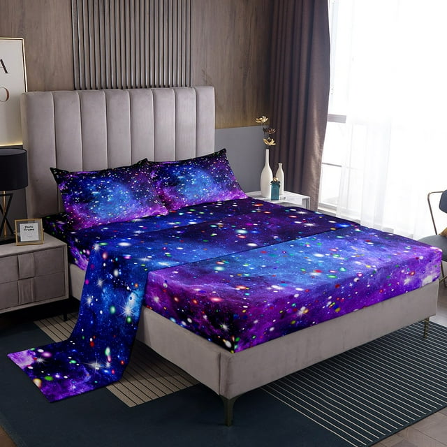 Purple Blue Galaxy Bed Sheets Set Starry Sky Full Sheet Set for Girls