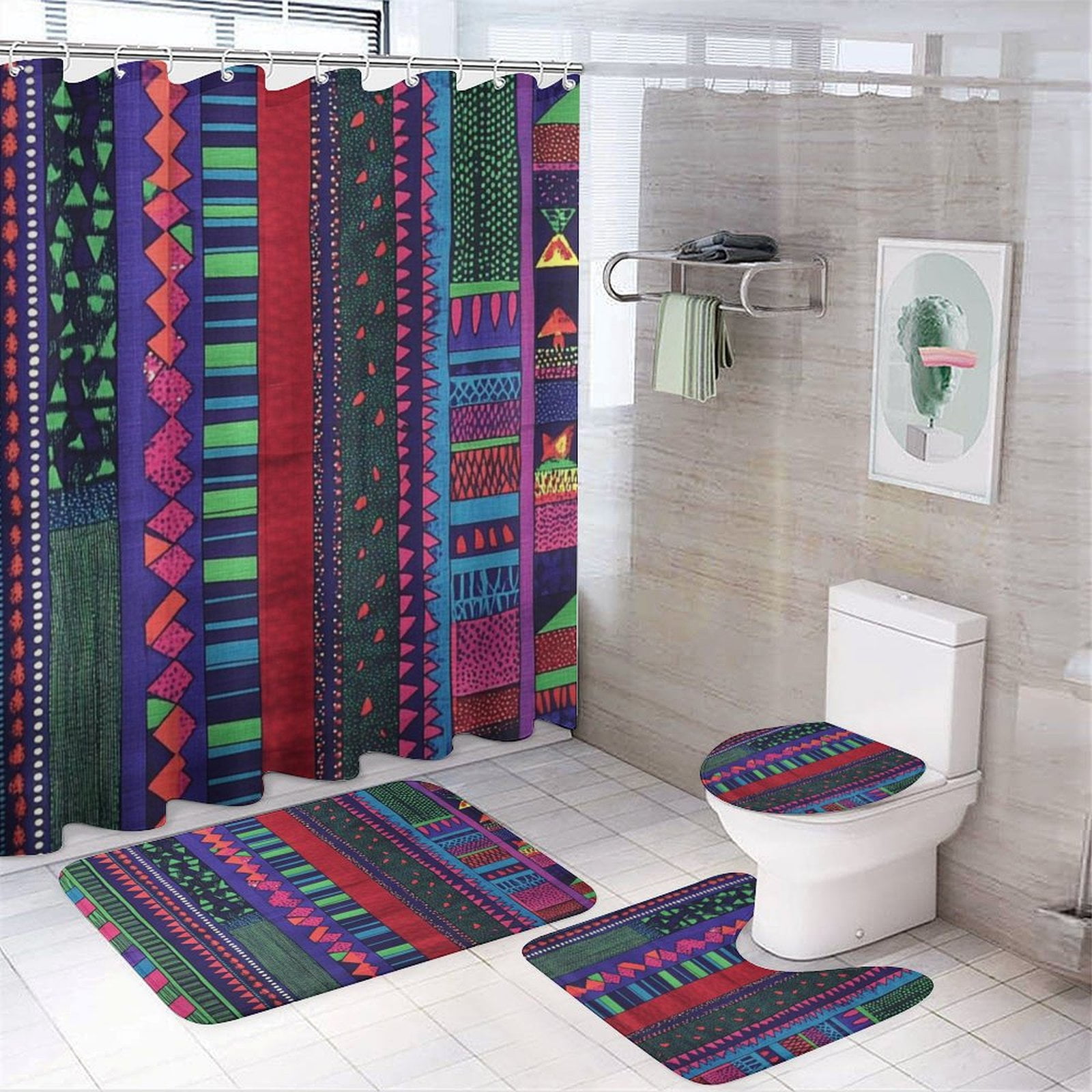 Purple And Blue Geometric Shapes Shower Curtain Sets with Rugs 4 Piece Non-Slip Rugs And Toilet Mat Lid Rug Accessories Bohemian Modern Durable And Waterproof for Bathtub Decor