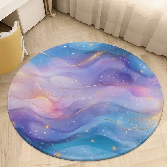 Purple Blue And Gold Wave Round Small Area Rug, Print Non Slip Washable Floor Mat, Soft Throw Rug for Living Room, Powder Room Entryway, Bathroom, Bedside