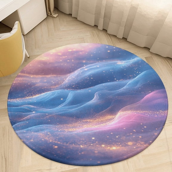 Purple Blue And Gold Wave Round Small Area Rug, Print Non Slip Washable Floor Mat, Soft Throw Rug for Living Room, Powder Room Entryway, Bathroom, Bedside