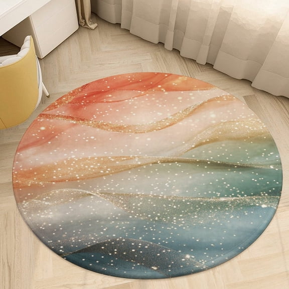 Purple Blue And Gold Wave Washable Round Rug -Circle Area Rugs for Nursery Bedroom, Vintage Non Slip Non Shedding Low Pile Carpet for Living Room Coffee Table Entryway