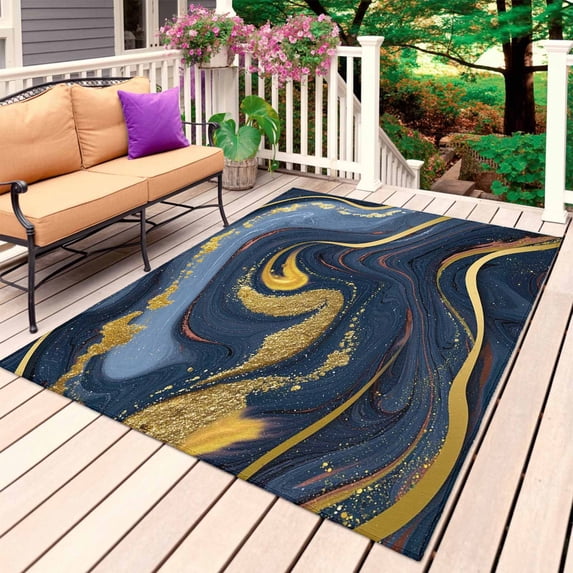 Purple Blue Golden Marble Outdoor Rug 5x7 Ft, Non Slip Washable Area Rug, Abstract Modern Art Marble Patio Rugs Carpet Runner, Large Floor Mat for Indoor/Outdoor Deck Porch Camping