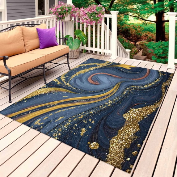 Purple Blue Golden Marble Outdoor Rug 5x7 Ft, Non Slip Washable Area Rug, Modern Abstract Art Fluid Patio Rugs Carpet Runner, Large Floor Mat for Indoor/Outdoor Deck Porch Camping