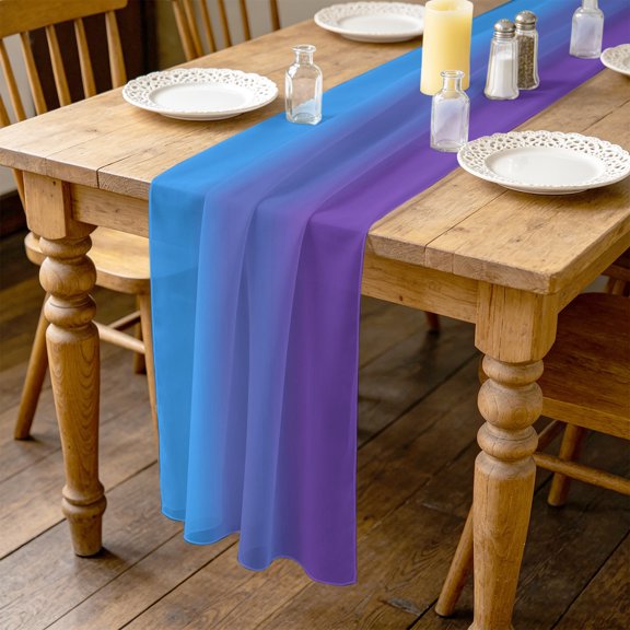 Purple Blue Gradient 4.5ft Cheesecloth Table Runner for Wedding 19"x55", Colorful Striped Ombre Minimalist Art Kitchen Dinner Sheer Tulle Chiffon Dresser Scarf, Holiday Party Decorations