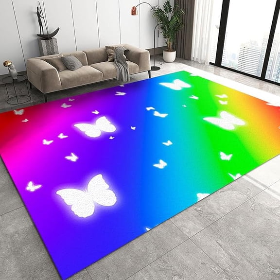 Purple Blue Gradient Watercolor Area Rug, Retro Dreamy Butterfly Printed Carpet For Girls Room, Easy Clean With Anti-Slip Backing Durable Rugs For Bedroom Living Room Office 2 x 3ft