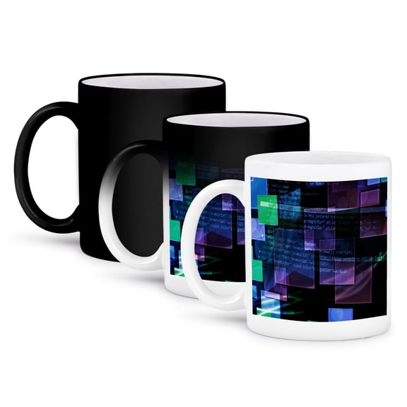 3dRose, Purple, Blue, Green Floating Technical Squares With Internet Coding, 11oz Magic Transforming Mug
