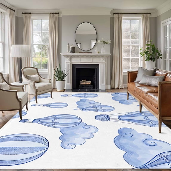 Purple Blue Hot Air Balloon Area Rugs 6'x9', Washable Small Throw Rugs for Kitchen Dining room, Modern Balloon Float Clouds Indoor Outdoor Rug Non-Slip Low Pile Carpet Runner Reversible Floor Mats