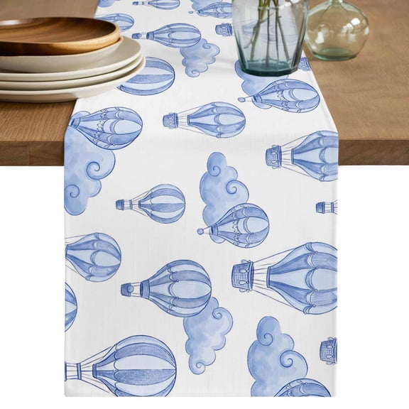 Purple Blue Hot Air Balloon Table Runner, Modern Balloon Float Clouds Washable Cotton Linen Table Runners 36 Inches Long, Dresser Scarf Runner for Nightstand/End Tables/Round Tables 13''x36''