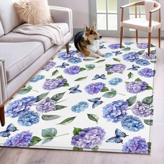 Purple Blue Hydrangea Area Rug 4x6 Washable Rug Non Slip Watercolor Butterfly Flowers Large Area Rug Indoor Floor Carpet for Entryway Bedroom Kitchen Living Room Home Office Dining Room Nursery