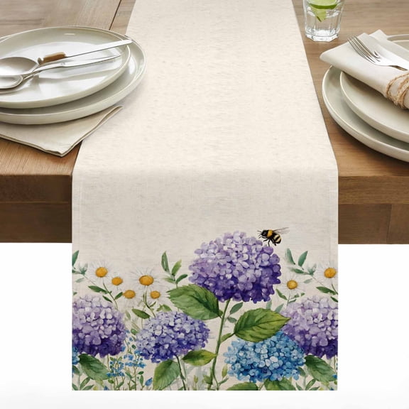 Purple Blue Hydrangea Cotton Linen Table Runner Vintage Watercolor Blue White Floral Bee Linen Texture Dining Table Runners for Home Decor Party Dining Room Restaurant Kitchen 13" x 60"