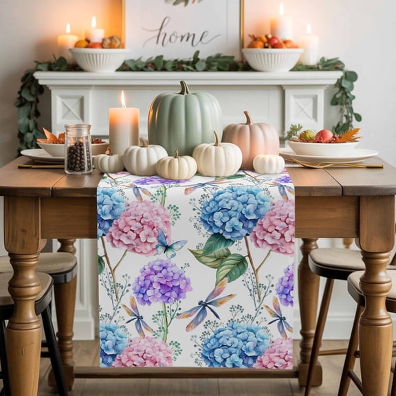 Purple Blue Hydrangea Cotton Linen Table Runner, Washable Table Runners for Kitchen, Dining Room, Holiday, Home Party Table Decor, 13x48 Inches