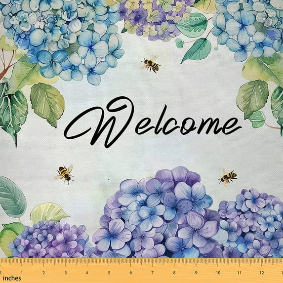 Purple Blue Hydrangea Fabric By The Yard, Petals Bees Decorative Fabric, Welcome Print Indoor Outdoor Fabric, Leaves Chic Upholstery Fabric For Teens Kids For Quilting Sewing, 2 Yards