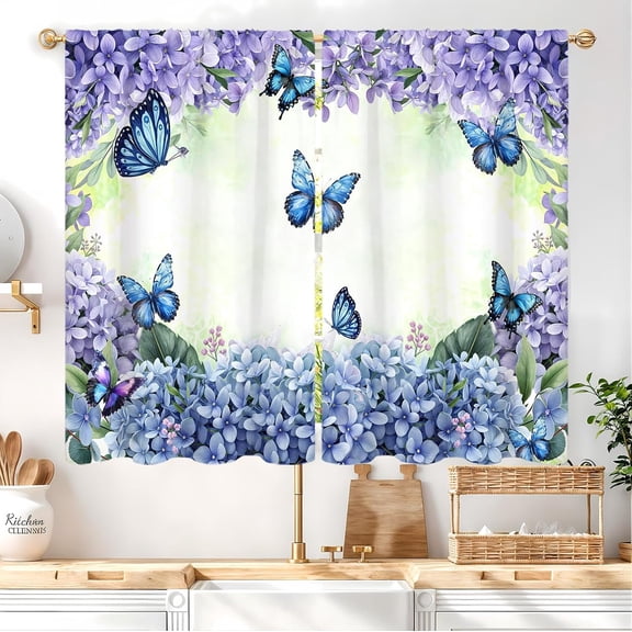 Purple Blue Hydrangea Flower Kitchen Curtain 27.5W X 39L Inch 2 Panel Rod Pocket Floral Butterfly Spring Green Leaves Small Short Cafe Tier Window Drapes Treatment Botanical Bathroom Curtains