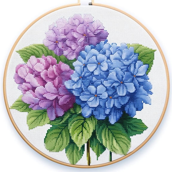 Purple and Blue Hydrangea Flower Stamped Cross Stitch Kits for Beginners Easy with Hoop 11CT Needlepoint Embroidery DIY Counted Cross Stitch Kits Art Craft Wall Decoration 35x35cm(2)