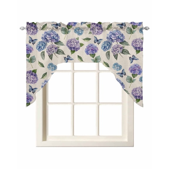 Purple Blue Hydrangea Kitchen Curtains Swag Valance for Windows/Bathroom/Cafe, Pastoral Butterfly Botanical Rod Pocket Drape Panel Swag Curtain Valance for Bedroom/Living Room 55''x36''