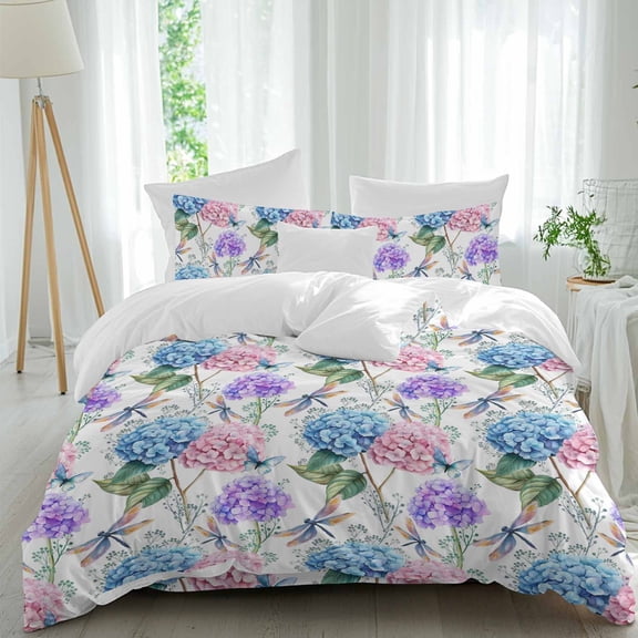 Purple Blue Hydrangea Queen Size Comforter Set, Spring Floral Butterfly Dragonfly Bedding for All Seasons, 4 Pcs Bed Set, 1Quiltcover (90"x92") ,1Sheet(94"x116"), 2Pillowcases (30"x20")