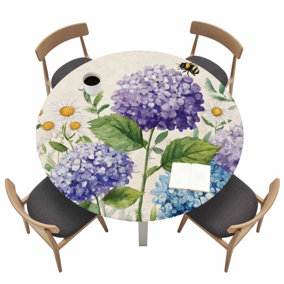 Purple Blue Hydrangea Round Fitted Tablecloth Vintage Watercolor Blue White Floral Bee Linen Texture Waterproof Elastic Stretch Table Cover for 36"-44" Round Table, Tablecloth for Picnic Dinner