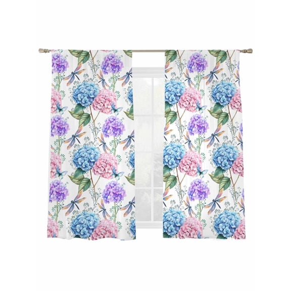 Purple Blue Hydrangea Sheer Curtains for Living Room Bedroom, Spring Floral Butterfly Dragonfly Light Filtering Sheer Curtain Rod Pocket Voile Window Treaments Drapes, 52 x 63 Inches