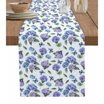 Purple Blue Hydrangea Table Runner Cotton Linen 36 Inch Holiday Dresser Scarves, Watercolor Butterfly Flowers Tablerunner for Kitchen Coffee Dining Bedroom Living Room Dinner Scarf Décor 13''x36''
