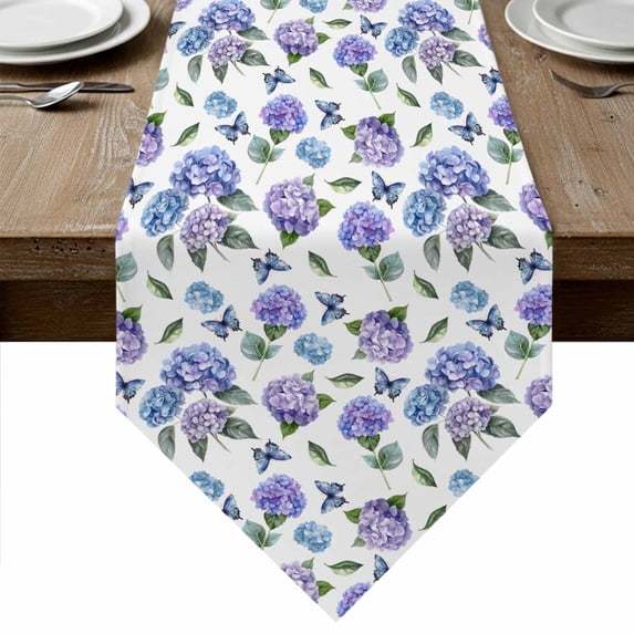Purple Blue Hydrangea Table Runner Linen Burlap Table Runner 72 Inches Long Watercolor Butterfly Flowers Dresser Scarves for Kitchen Island Coffee Dining Party Wedding Banquet Holiday Decor 14"x72"
