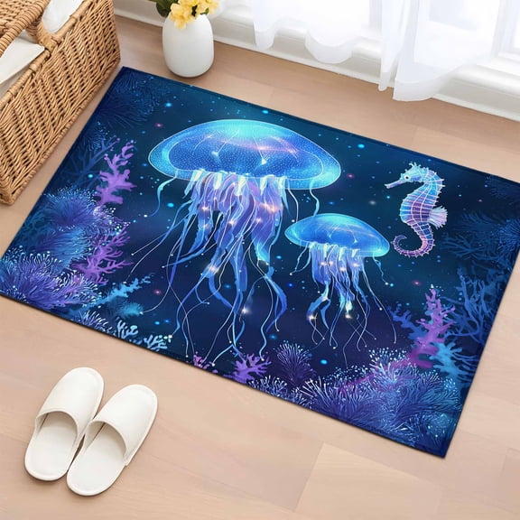 Purple Blue Jellyfish Entryway Rug 2'x3'&nbsp; Non Slip Front Door Mats, Coastal Fancy Ocean Seahorse Coral Entrance Rugs Indoor Outdoor Carpet, Washable Floor Mats Small Area Rug for Bedroom Kitchen